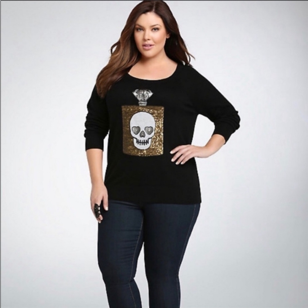 Torrid 1X Skull Perfume Sequin Black Long Sleeve Sweater Goth Witchy